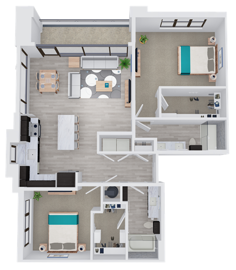 Floor plan for 2 beds, 2 baths, 1207 sqft
